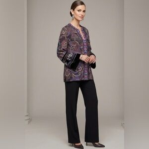 Johnny Was Floral Embroidered Blouse Shirt with Velvet 3/4 Sleeve XL boho wester